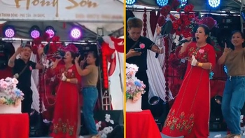Dì cô dâu mang cả bình truyền nước lên sân khấu hát đám cưới