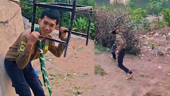 Thanh niên chơi đu dây siêu cồng kềnh
