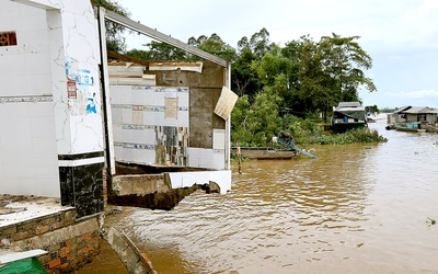 Nước lũ dâng cao kết hợp triều cường gây sạt lở tại nhiều tỉnh miền Tây