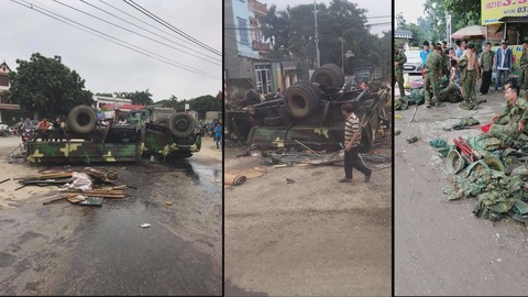 Xe quân đội lật ngửa, 30 chiến sĩ bị thương