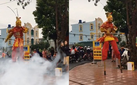 "Tôn Ngộ Không" đi cà kheo, múa hát trên vỉa hè khiến nhiều người thích thú