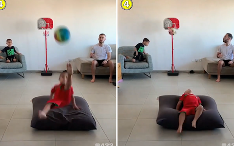 Bé trai ngả người vô lê, bóng bay chính xác vào rổ