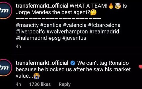 Phải chăng Transfermarkt làm 'Chị 7 Ronaldo' giận, "Chị 7" block?