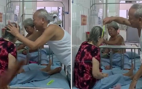 Cụ ông kẹp tóc, chải đầu cho vợ bên gường bệnh gây xúc động