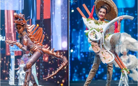 Khủng long, bò sữa, cá chép, bưởi da xanh... cứ thế nhảy xổ vào trang phục dân tộc Miss Grand Thailand 2020