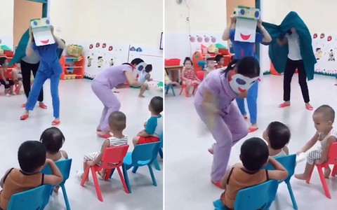 Cô giáo mầm non đội thùng sữa múa lân
