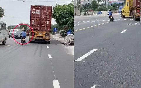 Container và xe máy đánh võng, 'cà khịa' nhau trên quốc lộ