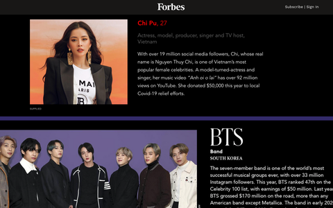 Chi Pu lọt top 100 ngôi sao có sức ảnh hưởng nhất mạng xã hội do Forbes bình chọn