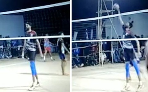 Chàng trai cao to chơi bóng chuyền khiến đội bạn bất lực