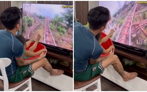 Bố cho con gái đi tàu lượn siêu tốc tại nhà