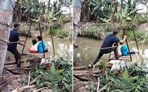 Cả nhà 'cười bể bụng' trước màn ông đưa cháu qua kênh bằng cáp treo