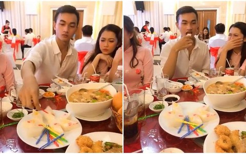 Chàng trai nổi quạu khi dùng nĩa nhựa gắp thạch rau câu