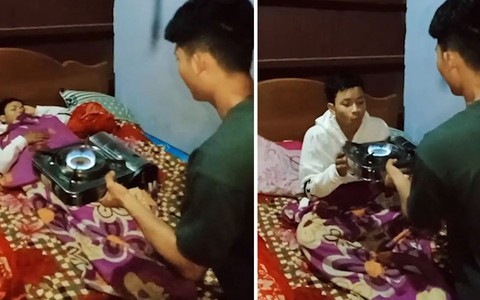 Chàng trai thổi nến sinh nhật bằng bếp gas