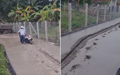 Thanh niên chạy xe máy 'cày nát' đường bê-tông vừa đổ