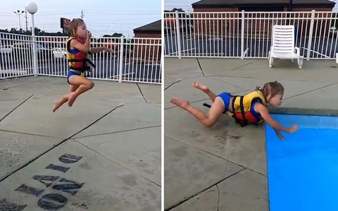 Bé gái vừa chạy vừa nhắm mắt nhảy xuống hồ bơi hụt