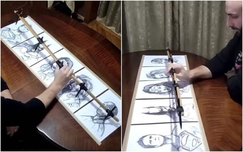 Họa sĩ một tay vẽ 5 bức tranh dân cùng lúc