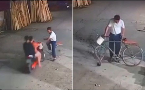 Người đàn ông đi xe đạp sang đường bị cô gái tông vênh bánh