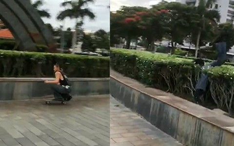Cô gái lao vào bụi cây khi trổ tài trượt patin