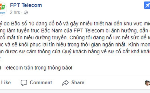 Đứt cáp do bão, mạng FPT ‘sập’ trong hơn hai giờ