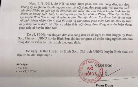 Chuyên viên phòng giáo dục huyện Bình Sơn bị tố nhận tiền tỉ từ thí sinh