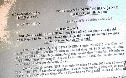 Bộ Nội vụ vào cuộc vụ giám đốc sở khiếu nại chủ tịch tỉnh Bạc Liêu