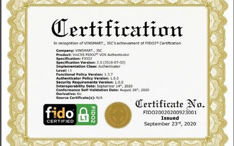 Hệ điều hành VOS trên điện thoại Vsmart đạt chứng chỉ xác thực trực tuyến FIDO2