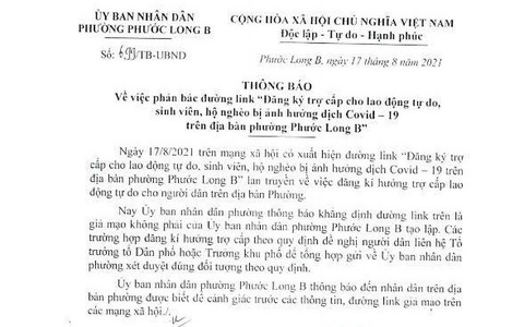 Phường Phước Long B, TP Thủ Đức cảnh báo đường link đăng ký hỗ trợ giả mạo