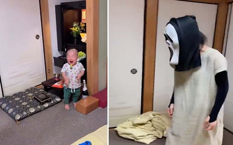 Bé trai khóc thét khi thấy mẹ hóa trang Halloween