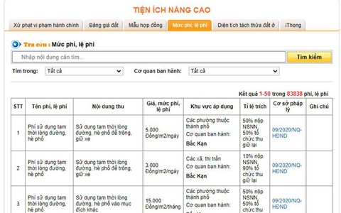 Tra cứu mức phí, lệ phí trong thủ tục hành chính