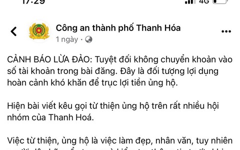Công an Thanh Hóa cảnh báo lừa đảo từ việc kêu gọi ủng hộ từ thiện qua mạng xã hội