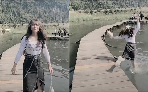 Cô gái đu trend lỗi ngã nhào xuống ao
