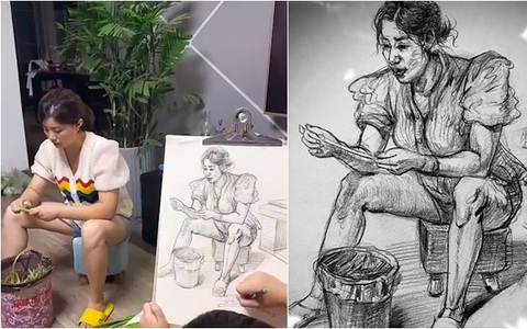 Bé trai vẽ mẹ ngồi nhặt rau, thân hình cơ bắp như lực sĩ