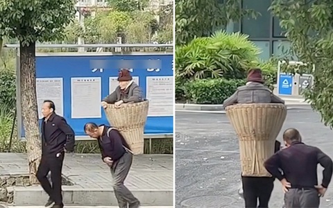 Hai anh em thay phiên gùi mẹ già 89 tuổi đến bệnh viện