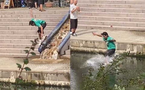 Nam thanh niên trổ tài trượt ván ngã xuống sông