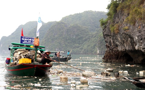 Căng mình dọn phao xốp nổi đầy vịnh Hạ Long