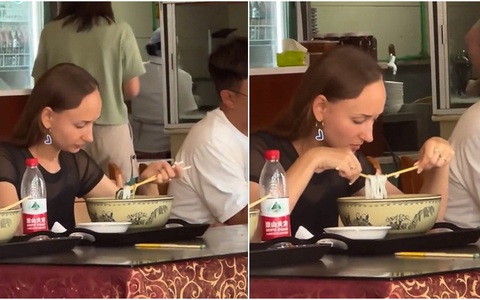 Cô gái Tây khổ sở khi cầm đũa ăn phở