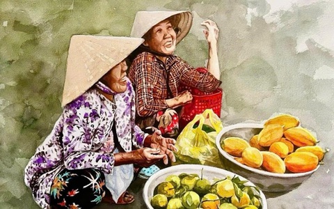 Xúc động với tranh màu nước vẽ góc sông, con đò, chợ chồm hổm thân thuộc của Nguyễn Hồng Quân