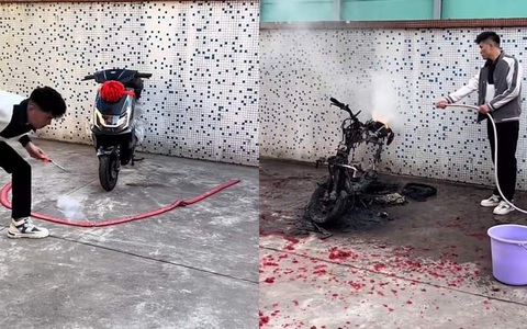 Chàng trai Trung Quốc bất ngờ hóa vàng xe mới khi đốt pháo ăn mừng