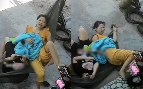 Hai cô gái nằm chung võng ngã dập mông