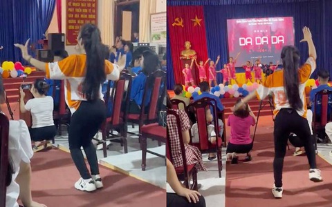 Cô giáo nhảy mẫu cực sung nhắc bài cho trò trên sân khấu