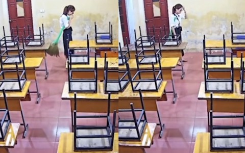 Nữ sinh ngơ ngác đi tìm cây chổi kẹp trên nách