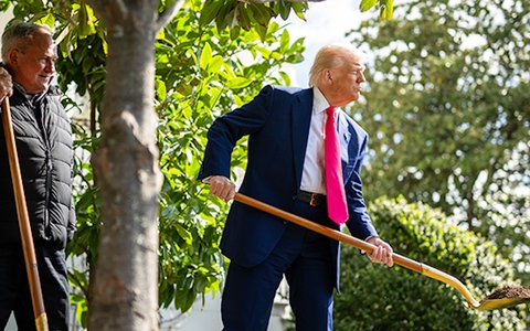 Ông Trump trồng cây tại Nhà Trắng lúc thuế quan đối ứng có hiệu lực