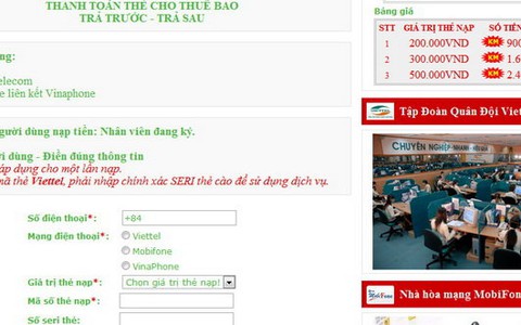 Lại xuất hiện trang web lừa đảo nạp tiền điện thoại