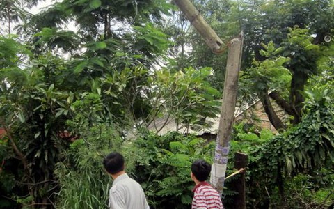 Trụ điện gãy treo lơ lửng