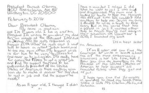Cô bé Mỹ có cha ở tù gửi thư đến Tổng thống Obama