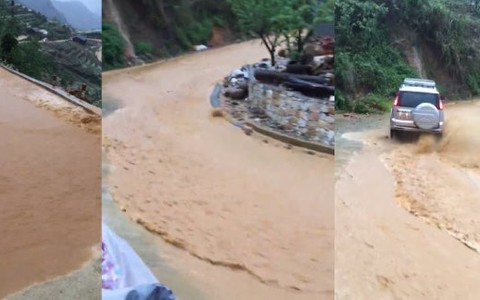 Video nước chảy xối xả trên đường lên Sa Pa