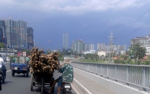 Nguy hiểm đẩy xe cừ tràm
xuống dốc cầu