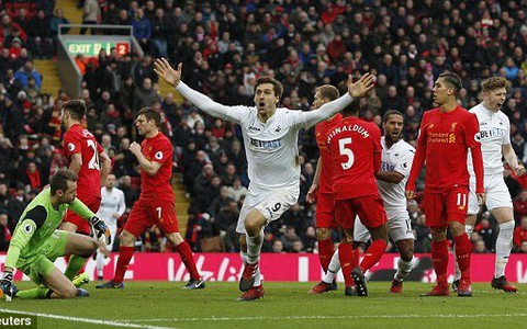 Chủ nhà Liverpool bất ngờ thua đội cuối bảng Swansea