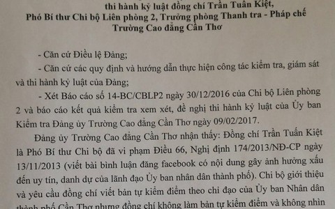 Khiển trách trưởng phòng thanh tra - pháp chế viết bình luận đăng Facebook