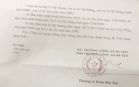 Công an huyện Đông Sơn xác nhận Sỹ Hà và Sỹ Hồng sinh năm 2000